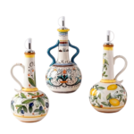 Handmålad oljeflaska i keramik med hällpip och dekorativa motiv med oliver, citroner eller ornament