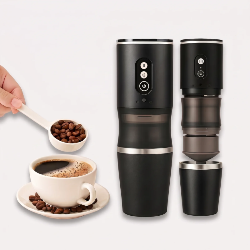 Bärbar kaffekvarn med elektrisk drift och integrerad kopp för espresso och filterkaffe på språng